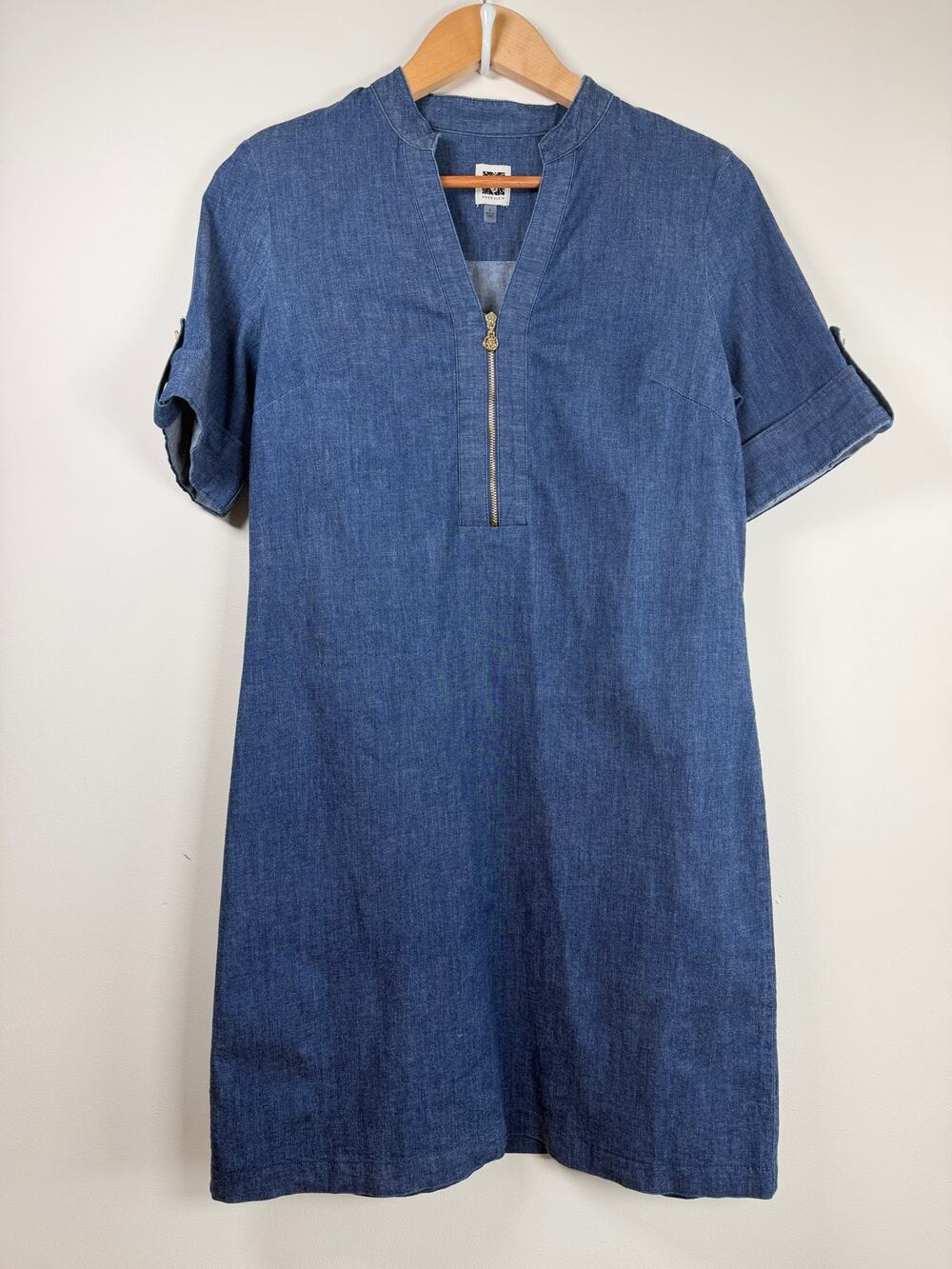 Anne Klein Chambray Denim Shift Mini Dress Blue Half Zip Roll Tab Sleeve Sz 8